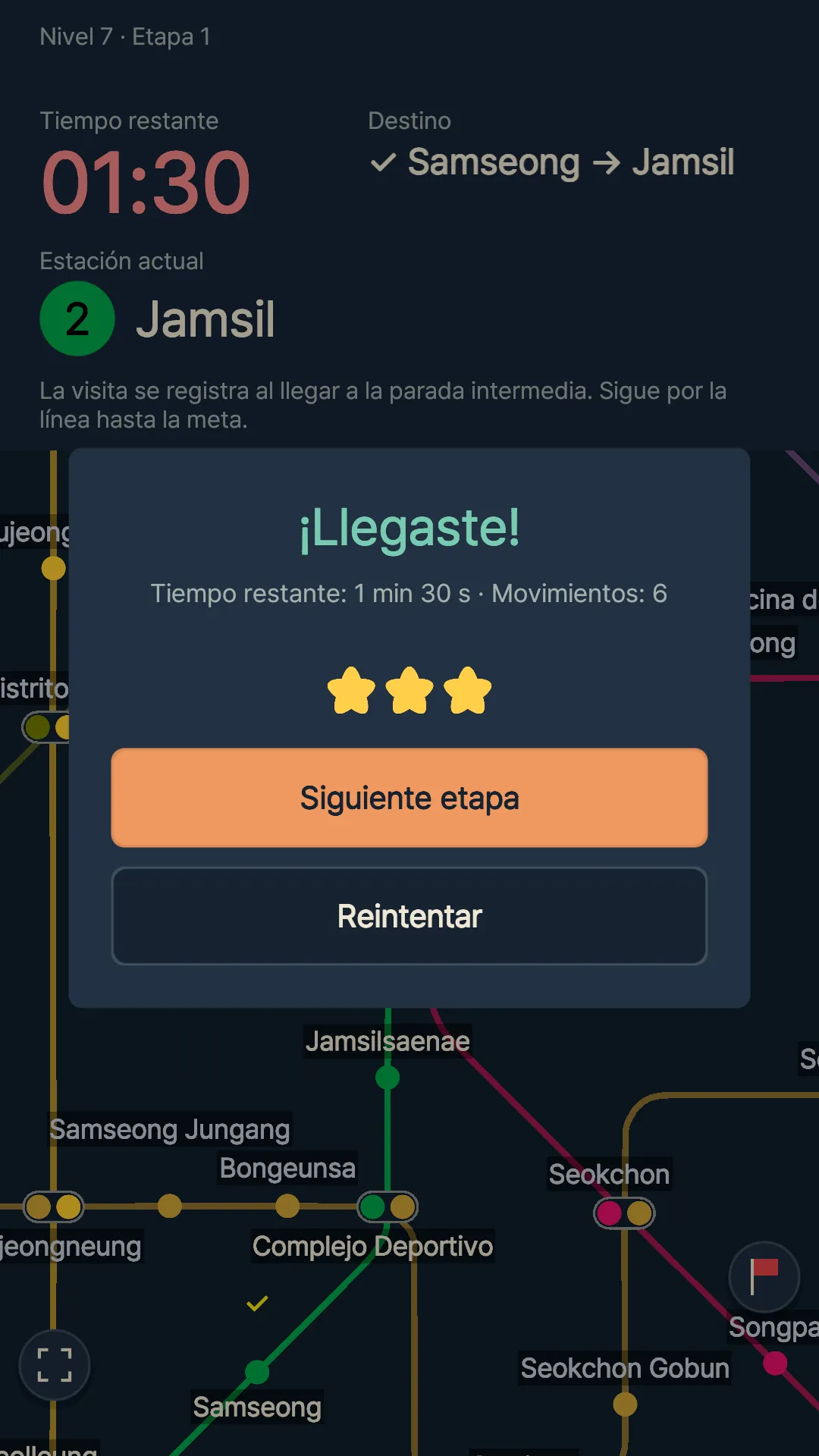 Pantalla de llegada con 1 min 30 s de tiempo restante y 3 estrellas obtenidas