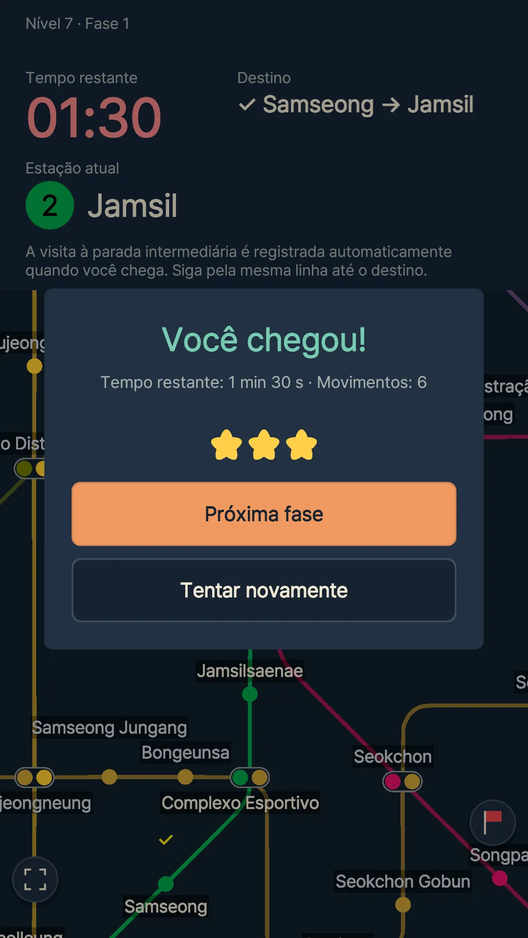 Tela de chegada com 1 min e 30 s restantes e 3 estrelas conquistadas