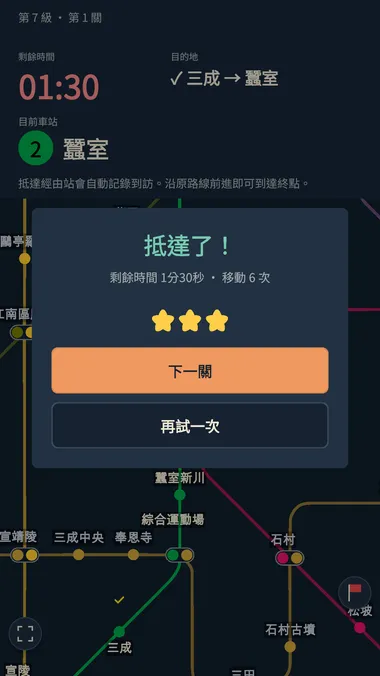 抵達目的地後，挑戰下一關的遊戲畫面