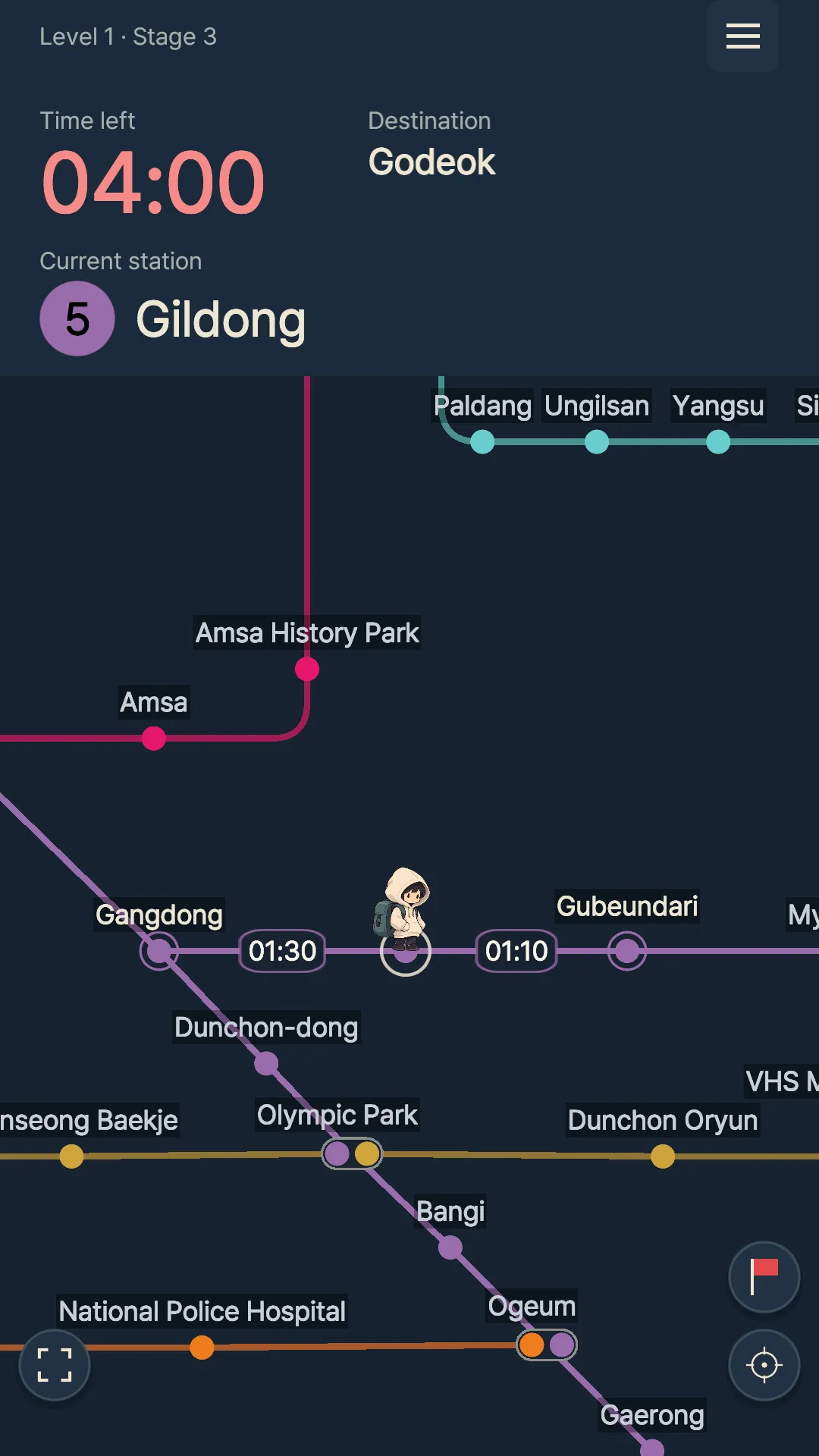 Connected stations and travel times from Gildong Station