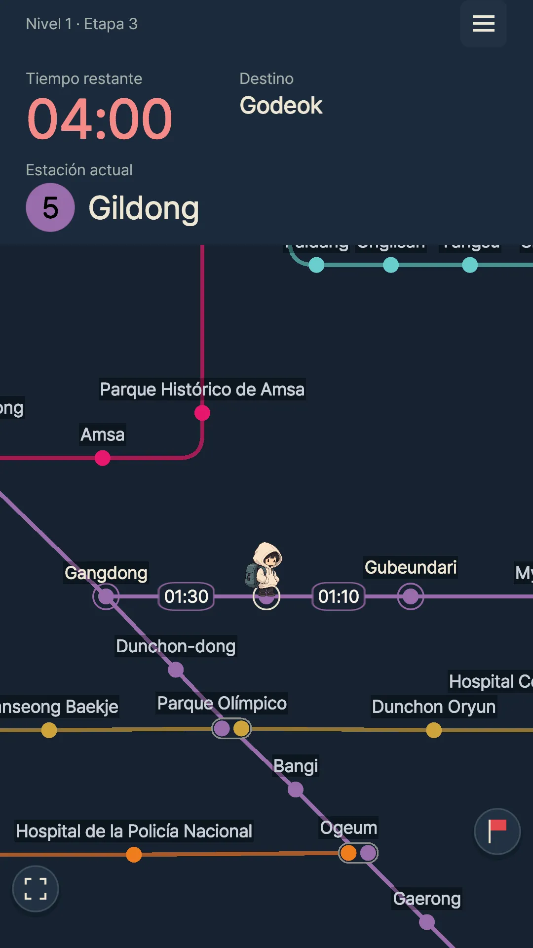 Pantalla de «¡Antes del último tren!»: un rompecabezas de metro en el que eliges estaciones conectadas para llegar a tu destino antes de que se agote el tiempo
