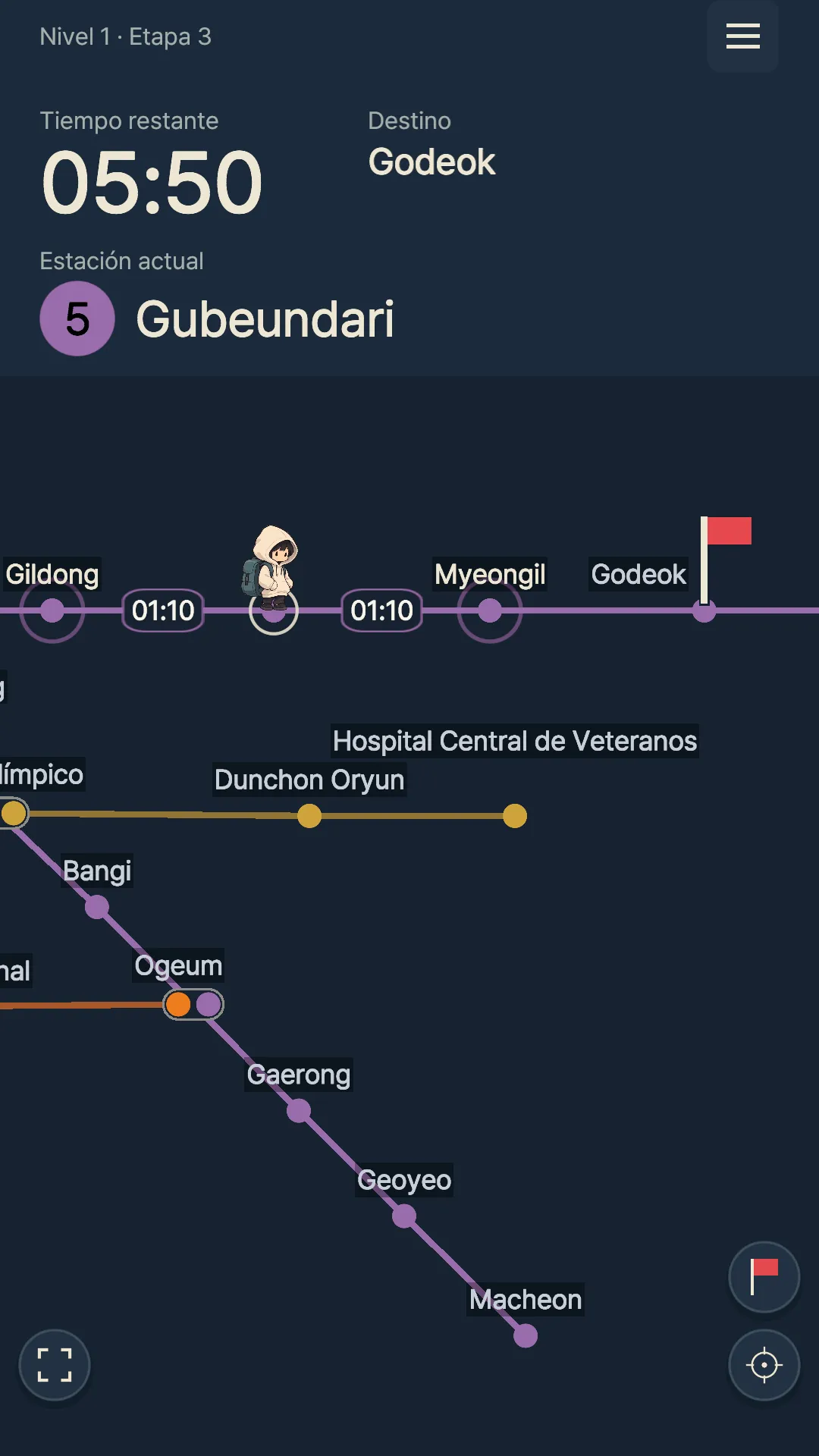 Pantalla con la ruta de Gubeundari a Godeok y 5 min 50 s de tiempo restante