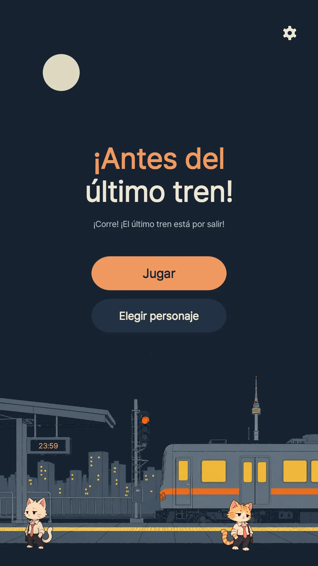 Pantalla inicial del juego con un andén de noche y el botón «Jugar»