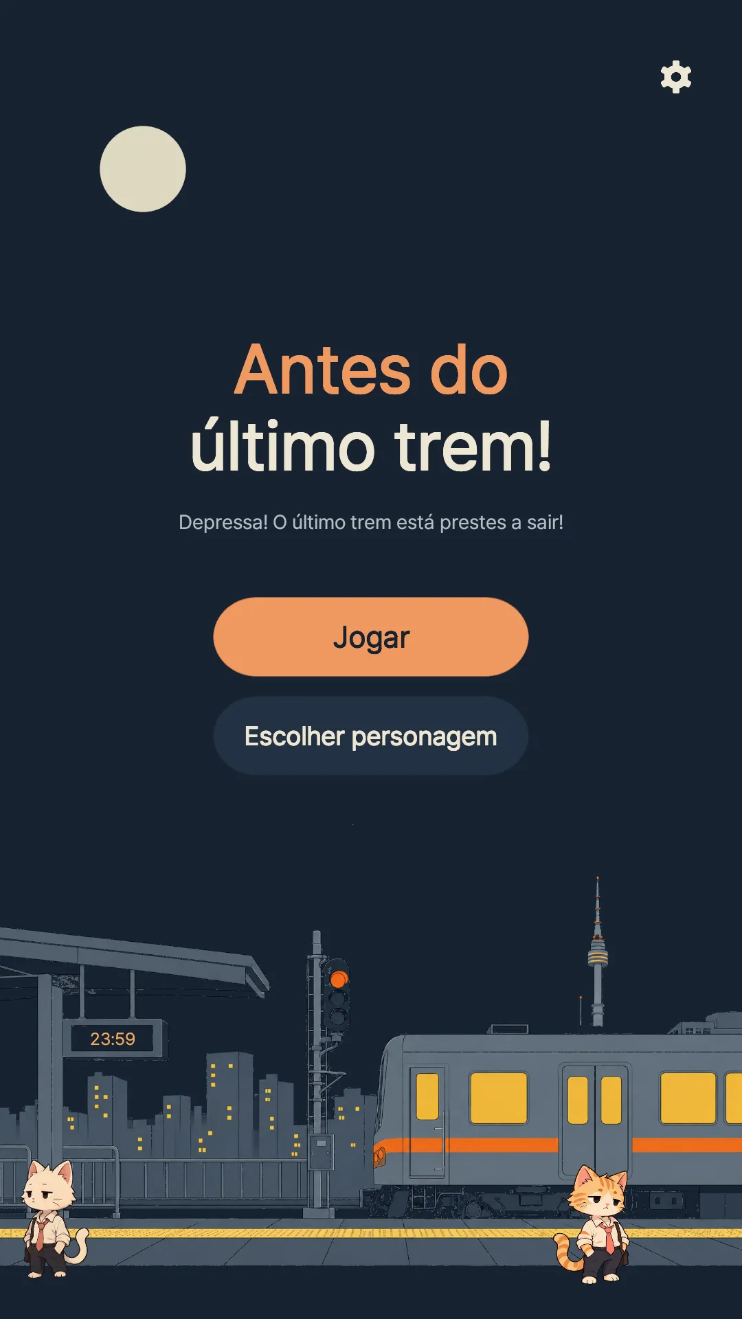Tela inicial do jogo com uma plataforma à noite e o botão “Jogar”
