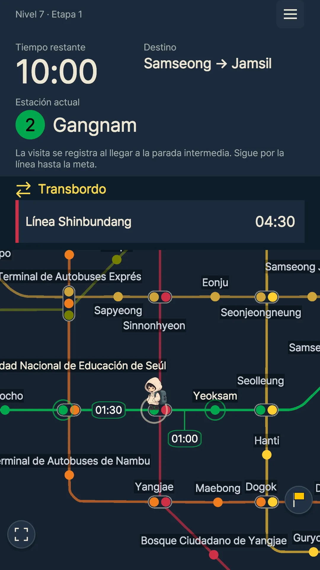 Pantalla en Gangnam que compara un viaje de 1 min con un transbordo de 4 min 30 s