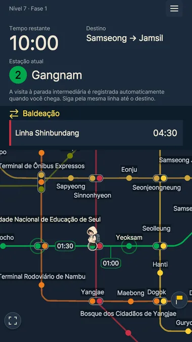 Tela de “Antes do último trem!” em que os tempos de viagem e baldeação são comparados para escolher uma rota